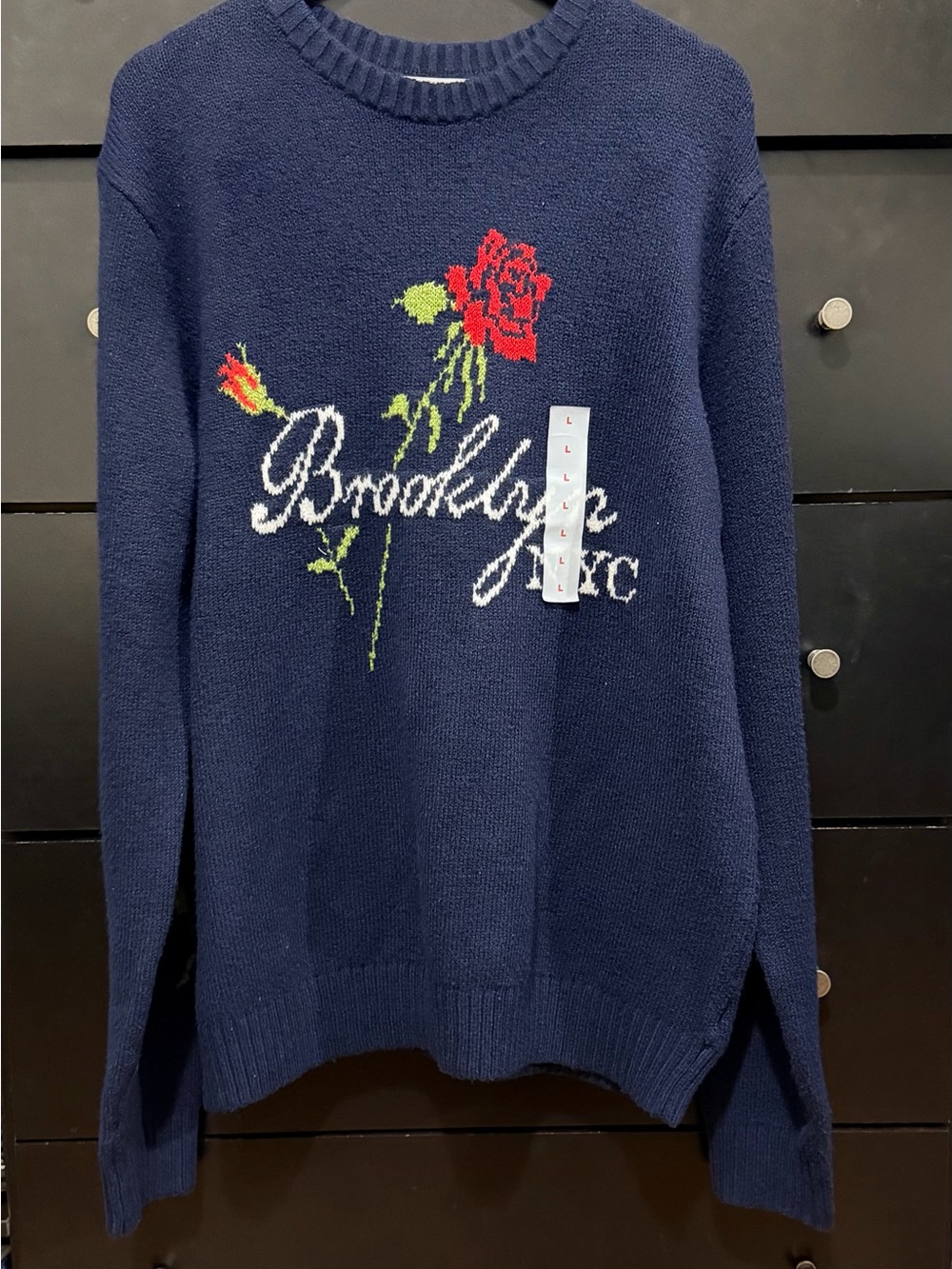 Old Navy Navy Crewneck Sweater with Red Floral Intarsia